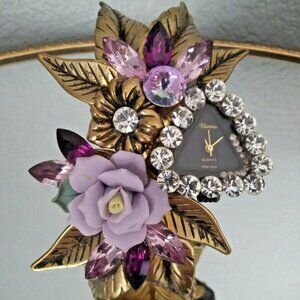 Vintage Cuff Bracelet - Floral Gold Tone Leaf Purple Crystals Antique Gold-tone